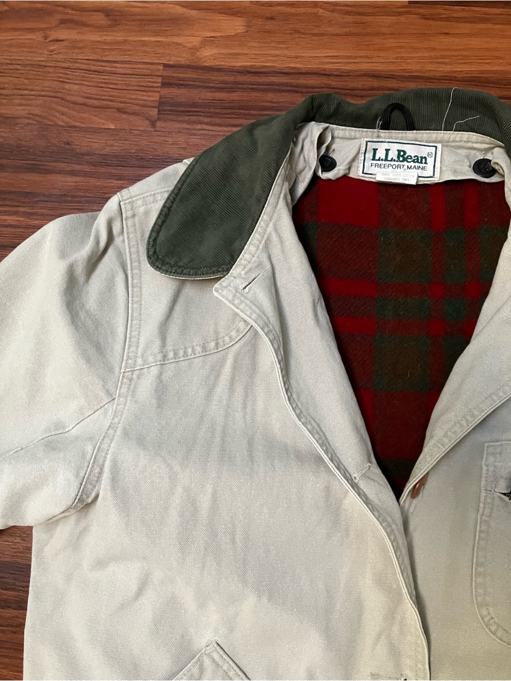 *SOLD* L.L. Bean Cream Canvas Jacket with Olive Collar and Red Plaid Lining - Picture 5 of 7